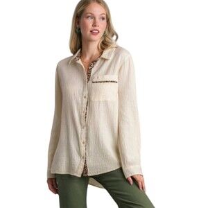 Umgee Women’s Gauze Leopard Print Trim Shirt Long Sleeve L Spring Cottagecore